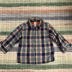 Gymboree small 3 years.   flannel shirt-jacket tan & blue, orange quilted lining